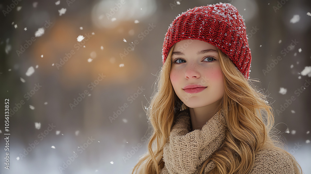 Young Woman Enjoying Winter Snowfall in Red Hat and Scarf Young Woman Enjoying Winter Snowfall in Red Hat and Scarf