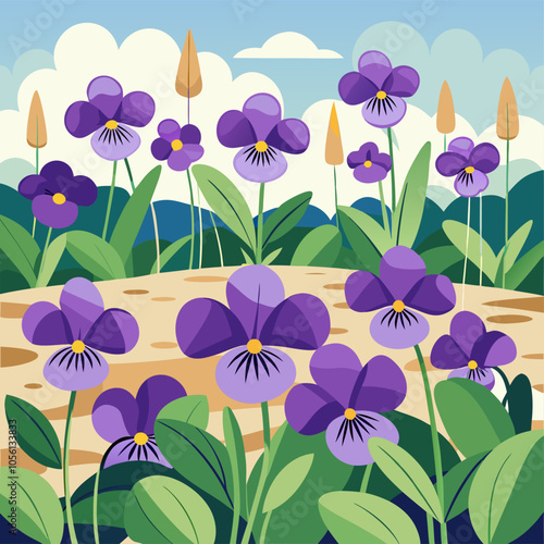 A vibrant illustration showcasing a field of purple pansies blooming in the springtime. The scene features a lush green landscape with hints of blue mountains in the background.