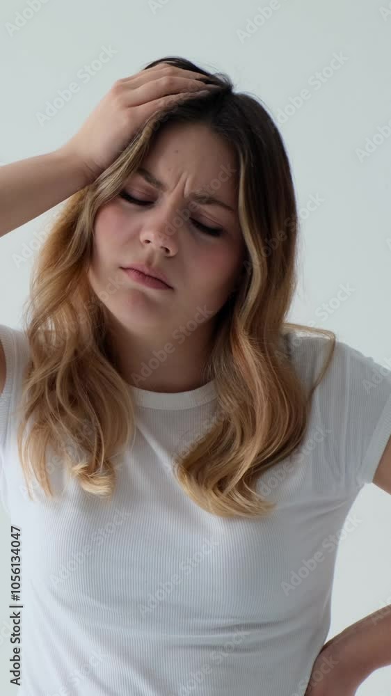 Unwell young adult woman suffering from neck ache and massaging, standing on white background. Health problems concept. Vertical video. Unwell young adult woman suffering from neck ache and massaging, standing on white background. Health problems concept. Vertical video.