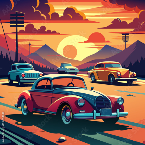 A vibrant, retro-style illustration depicting a classic car cruising along a winding road against a breathtaking sunset backdrop.