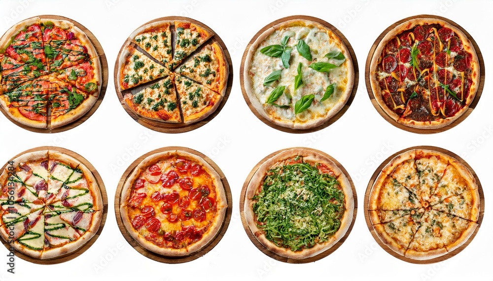 Set of different pizzas top view set. isolated on white background. pesto pizza, BBQ chicken pizza, fajita pizza, Italian pizza. Set of different pizzas top view set. isolated on white background. pesto pizza, BBQ chicken pizza, fajita pizza, Italian pizza.