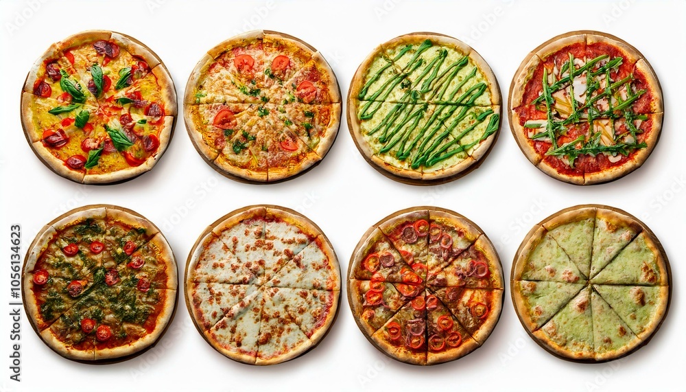 Set of different pizzas top view set. isolated on white background. pesto pizza, BBQ chicken pizza, fajita pizza, Italian pizza. Set of different pizzas top view set. isolated on white background. pesto pizza, BBQ chicken pizza, fajita pizza, Italian pizza.