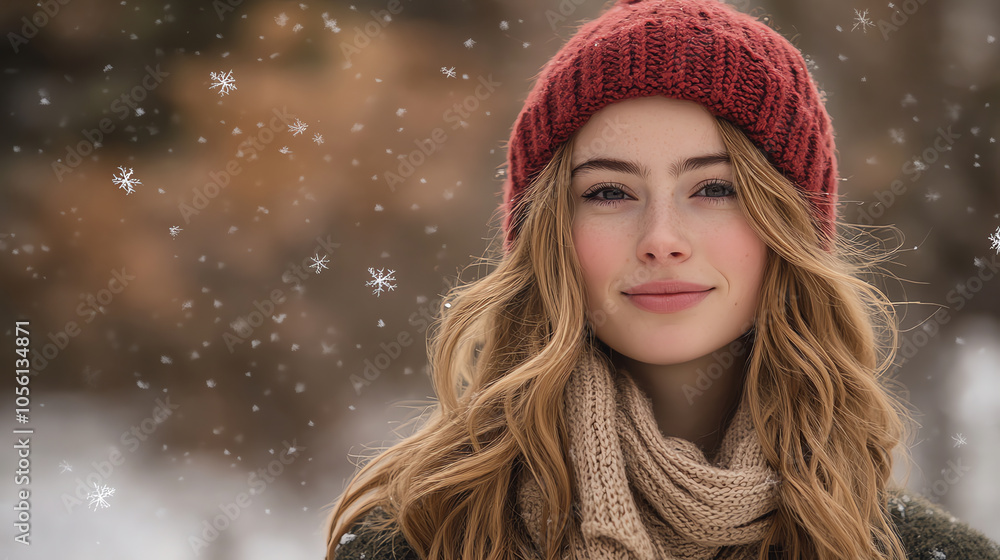 Young Woman Enjoying Winter Snowfall in Red Hat and Scarf Young Woman Enjoying Winter Snowfall in Red Hat and Scarf