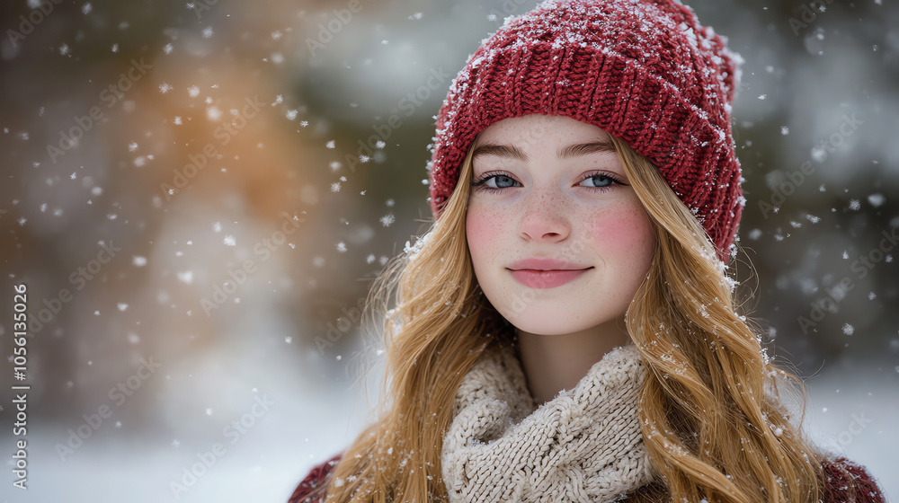 Young Woman Enjoying Winter Snowfall in Red Hat and Scarf Young Woman Enjoying Winter Snowfall in Red Hat and Scarf