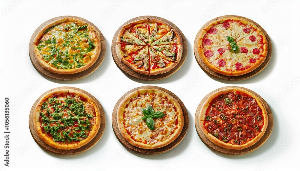 Set of different pizzas top view set. isolated on white background. pesto pizza, BBQ chicken pizza, fajita pizza, Italian pizza. Set of different pizzas top view set. isolated on white background. pesto pizza, BBQ chicken pizza, fajita pizza, Italian pizza.
