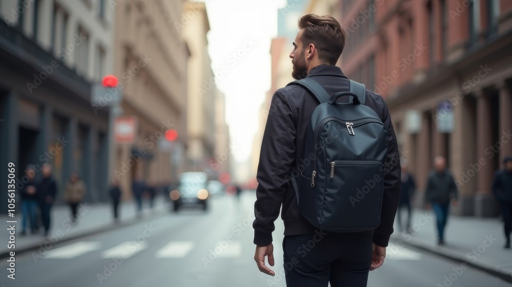 A man with a backpack walks along the road. Shot from the back A man with a backpack walks along the road. Shot from the back