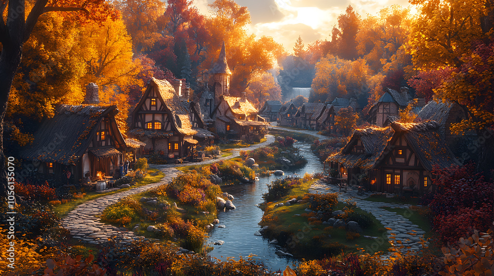 Fototapeta premium A charming village nestled in a lush autumnal forest with a winding river flowing through it.