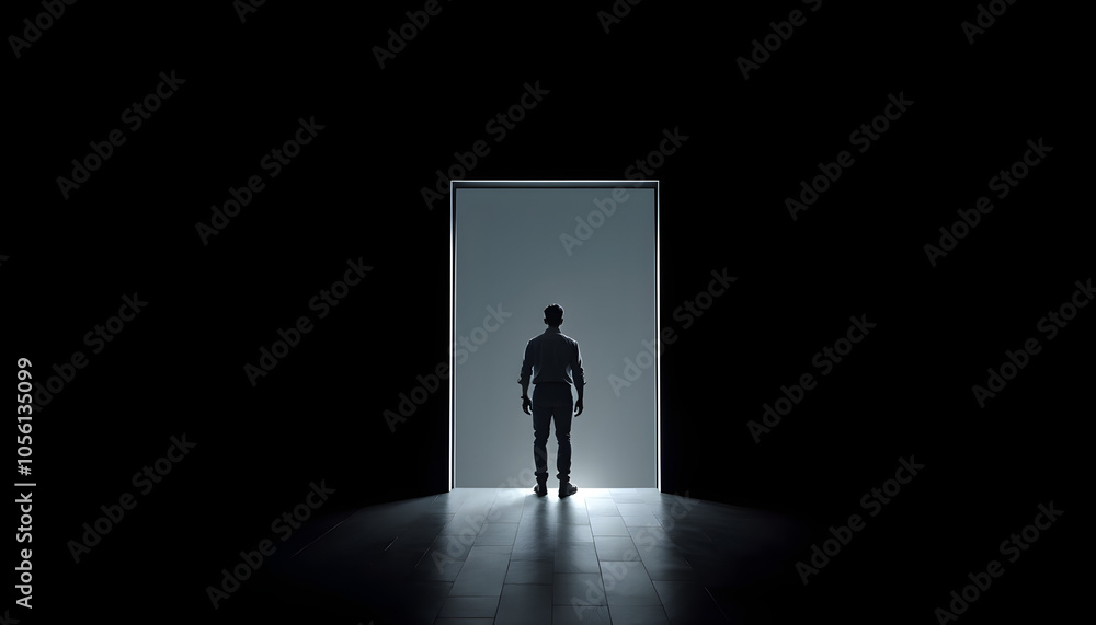 Illustration of man entering in a surreal black light dark door, surreal abstract concept optical illusion isolated with white highlights, png Illustration of man entering in a surreal black light dark door, surreal abstract concept optical illusion isolated with white highlights, png