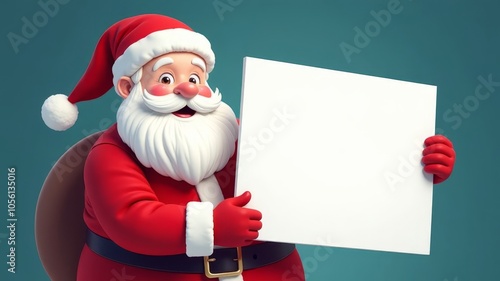 cartoon Santa Claus holding a blank white sheet of paper for text