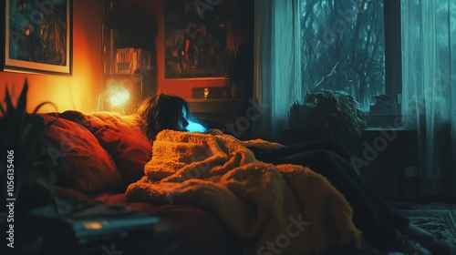 Woman lying in bed in a dimly lit room, looking at her phone, with a rain-streaked window behind her.