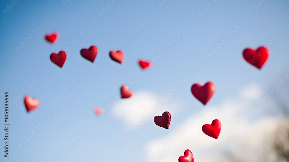 Red hearts float in a blue sky, a symbol of love and happiness. Red hearts float in a blue sky, a symbol of love and happiness.