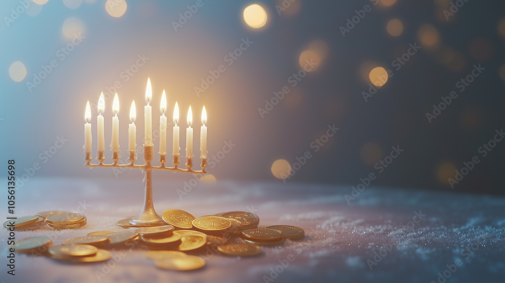 Fototapeta premium Jewish holiday Hanukkah background with copy space in the centre, with menorah and candles. Religion, festive elements, horizontal