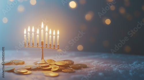 Jewish holiday Hanukkah background with copy space in the centre, with menorah and candles. Religion, festive elements, horizontal