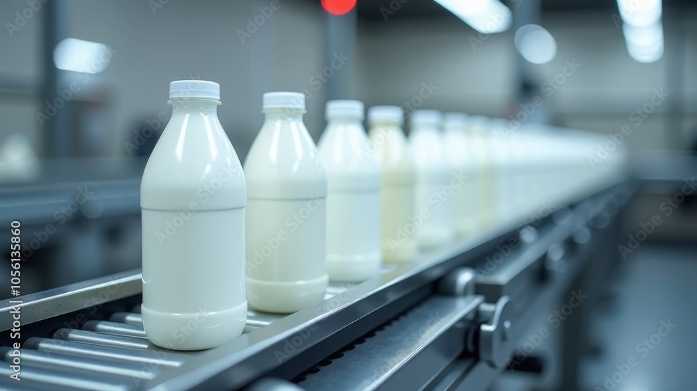 Conveyor belt with white plastic bottles for milk, vitamins and beverages. Factory: modern conveyor belt with plastic bottles. Concept food industry banner, wallpaper with copy space Conveyor belt with white plastic bottles for milk, vitamins and beverages. Factory: modern conveyor belt with plastic bottles. Concept food industry banner, wallpaper with copy space