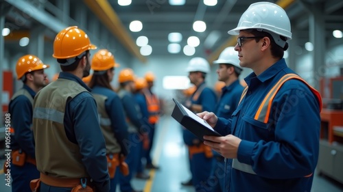 factory inspection. group of workers at the factory. people walking in helmets and uniforms to industrial enterprise. banner, wallpaper, print, poster, template factory worker photo