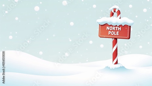 North Pole sign with candy cane design in snow-covered landscape under soft blue sky with snowflakes