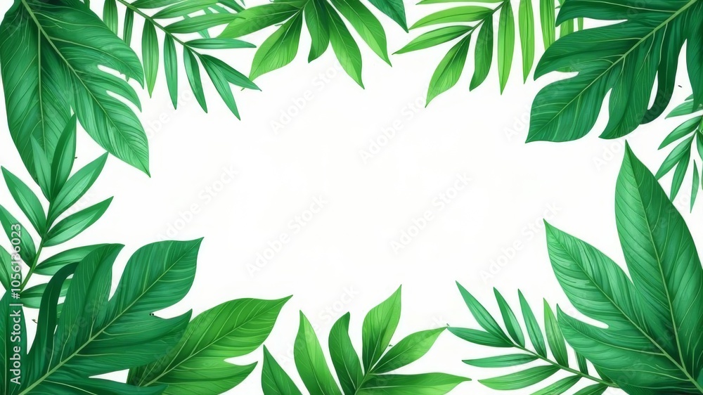 Horizontal banner with text and tropical leaves lying on white background Horizontal banner with text and tropical leaves lying on white background