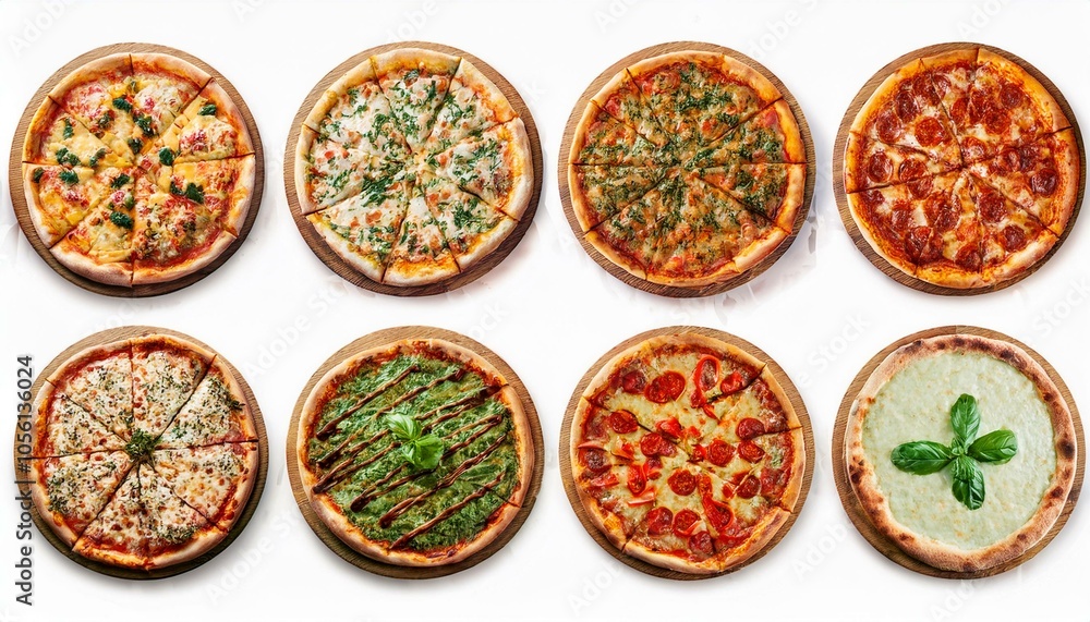 Set of different pizzas top view set. isolated on white background. pesto pizza, BBQ chicken pizza, fajita pizza, Italian pizza. Set of different pizzas top view set. isolated on white background. pesto pizza, BBQ chicken pizza, fajita pizza, Italian pizza.