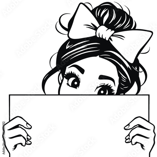 a black and white illustration of a woman's face peeking over a blank sign.
