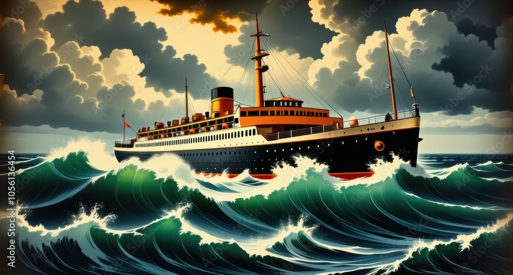 Obraz premium Vintage cruise ship travel poster, no text, retro 1920's artwork illustration for vacation and travel to exotic locations rough seas