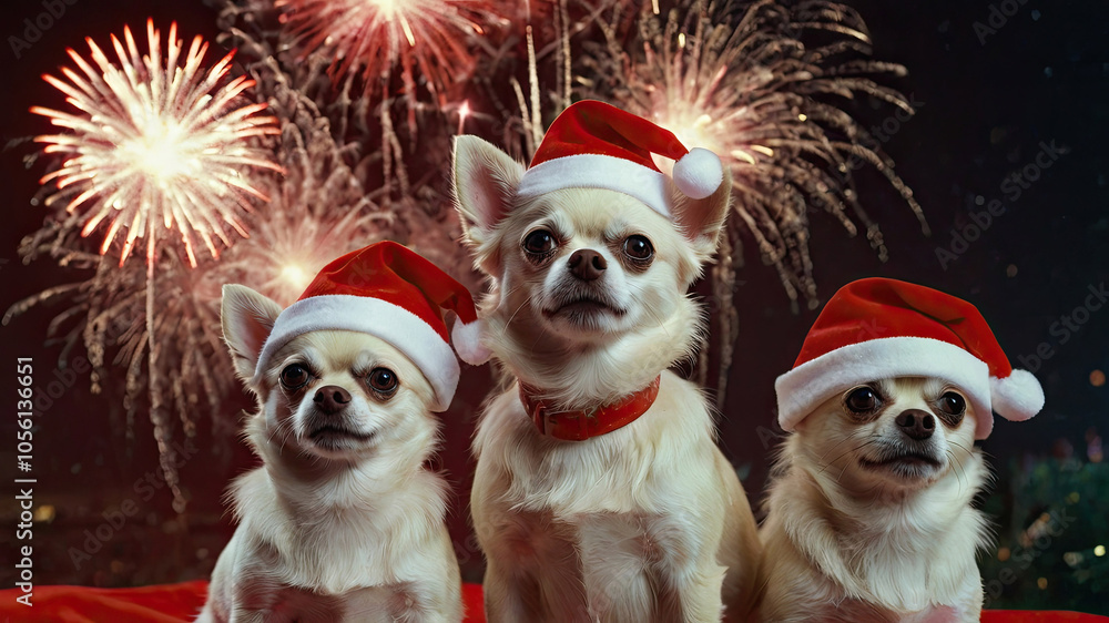 Three dogs of the dwarf Pinscher breed in red Santa hats sit against the background of fireworks in the night sky Three dogs of the dwarf Pinscher breed in red Santa hats sit against the background of fireworks in the night sky