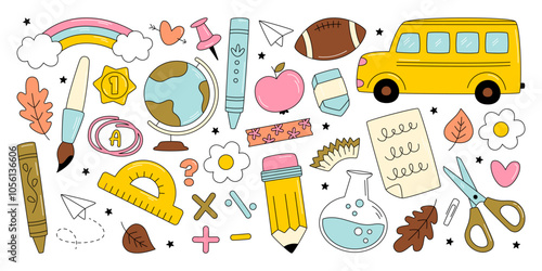 Back to school design elements, funny knowledge retro groovy icons, cute stationery prints set