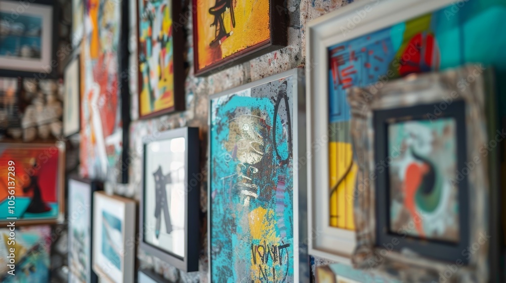 Colorful abstract art frames hang on a brick wall, showcasing vibrant colors and bold brushstrokes Colorful abstract art frames hang on a brick wall, showcasing vibrant colors and bold brushstrokes