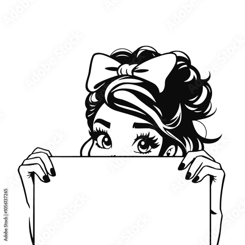 a black and white illustration of a woman's face peeking over a blank sign.