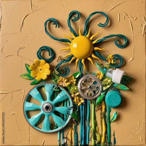 eco-themed exhibition piece blending discarded items into an artful display