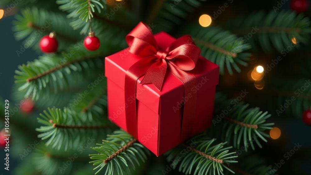 red christmas gift hanging on the tree red christmas gift hanging on the tree