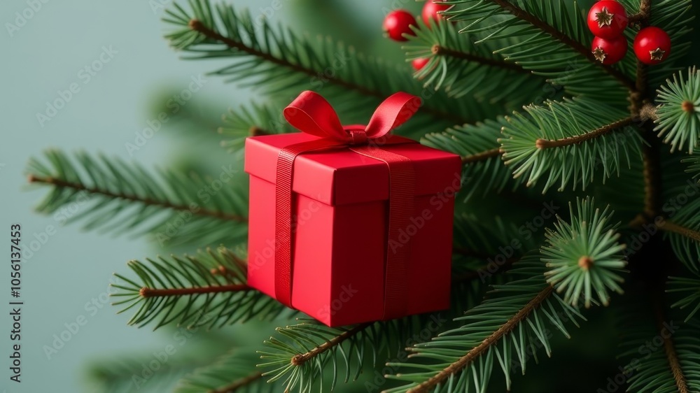 red christmas gift hanging on the tree red christmas gift hanging on the tree