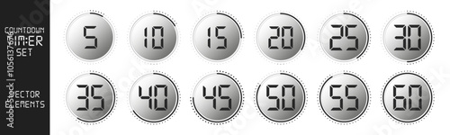 Stopwatch icons set, timer symbol. Countdown from 0 to 60 seconds. Set of timer vector icons on transparent background. photo