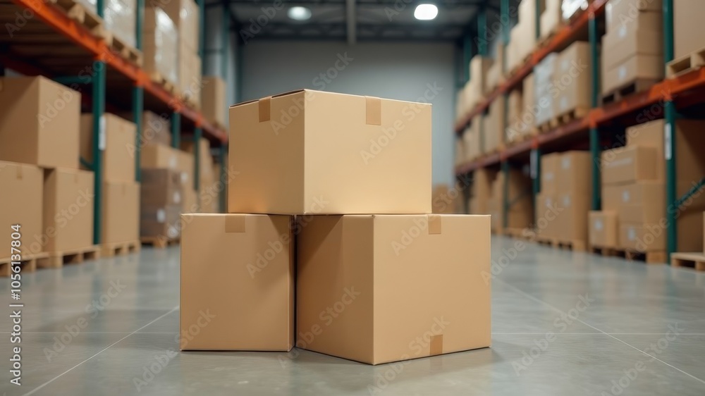 Large cardboard boxes stand in the foreground, behind them, and in the background are pallets with even more boxes. Large cardboard boxes stand in the foreground, behind them, and in the background are pallets with even more boxes.