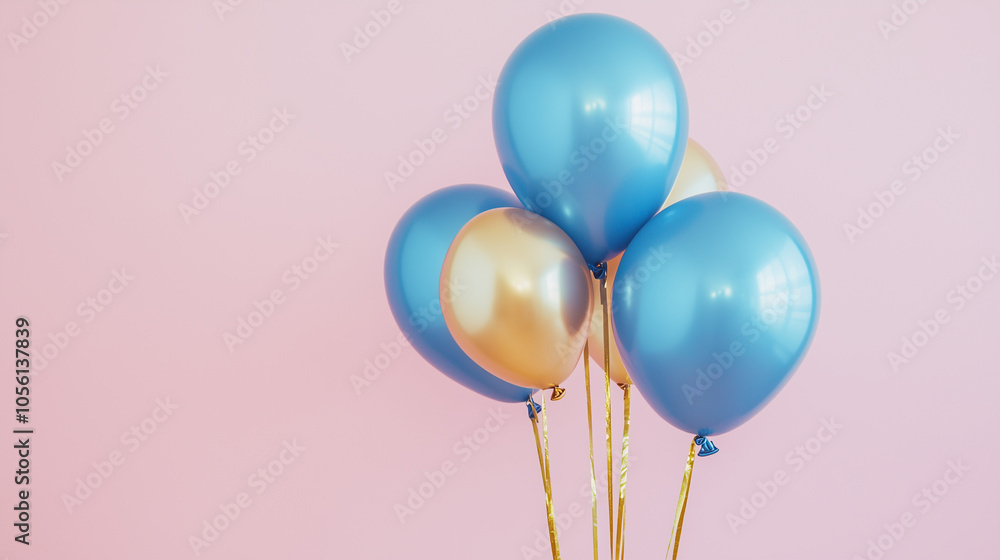 Pastelowe różowe tło, na którym znajdują się błyszczące niebieskie balony z eleganckimi złotymi detalami. Pastelowe różowe tło, na którym znajdują się błyszczące niebieskie balony z eleganckimi złotymi detalami.