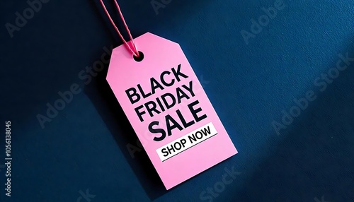 A pink price tag BLACK FRIDAY SALE and SHOP NOW against a dark blue background created with generative ai