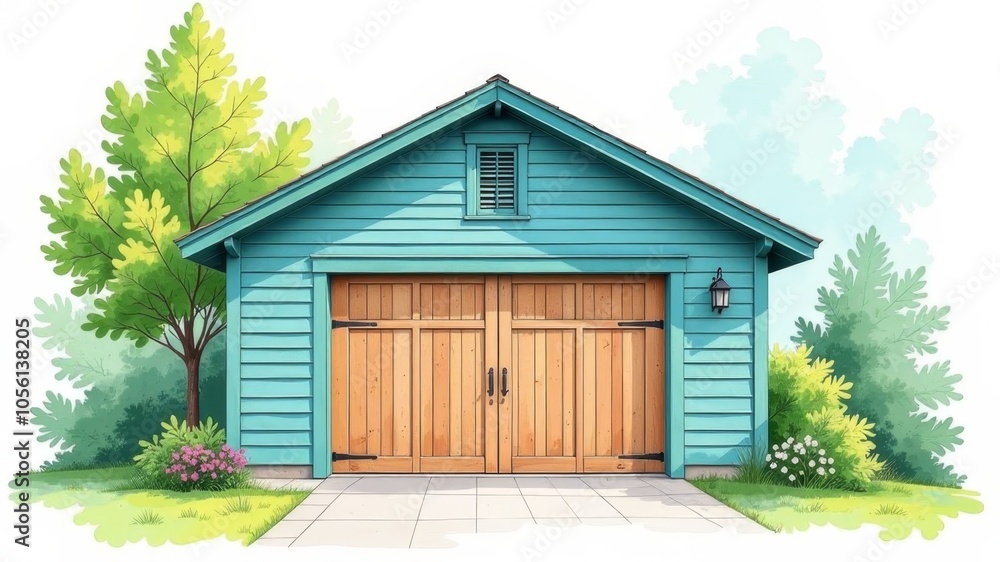 Hand drawn illustration of blue garage with green roof and wooden garage doors. Hand drawn illustration of blue garage with green roof and wooden garage doors.