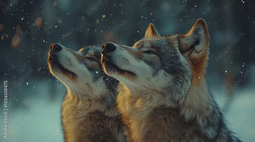 Two wolves standing in the snow, looking up at the sky. Two wolves standing in the snow, looking up at the sky.