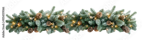 Christmas border frame with fir tree branches, ornaments, garland and pine cones. Winter holiday panorama banner on transparent