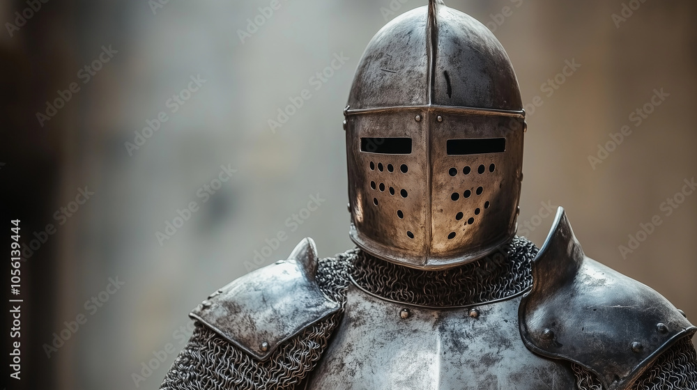 Obraz premium Ubrany w masywną zbroję, mężczyzna wygląda jak prawdziwy rycerz gotowy do walki.