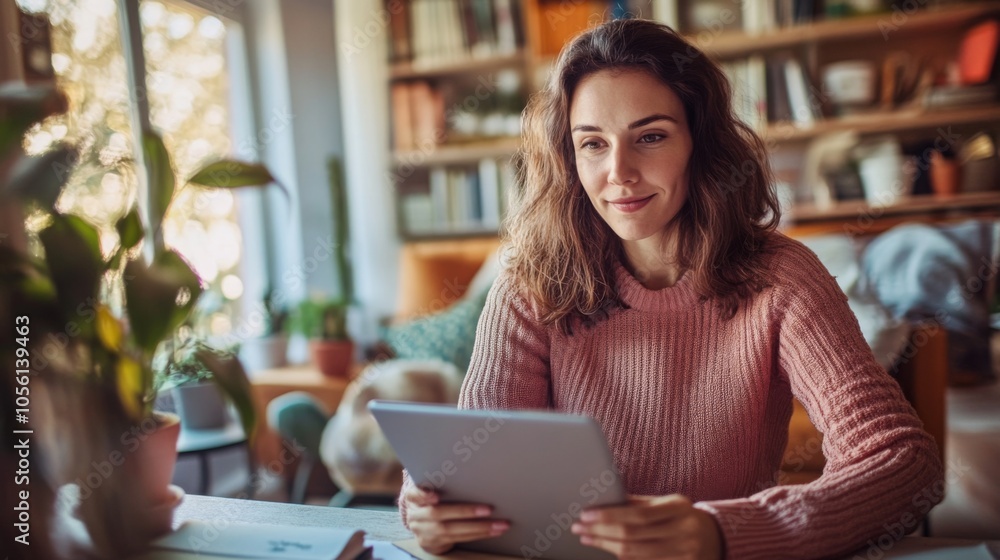 A young woman sits comfortably at her desk, engrossed in reading on her tablet. She smiles while surrounded by houseplants and books, enjoying a warm and inviting atmosphere in her cozy room. A young woman sits comfortably at her desk, engrossed in reading on her tablet. She smiles while surrounded by houseplants and books, enjoying a warm and inviting atmosphere in her cozy room.