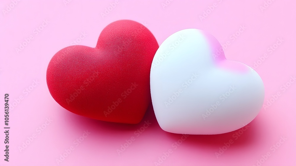 Two heart-shaped objects, one red and one white, rest on a pink background. Two heart-shaped objects, one red and one white, rest on a pink background.