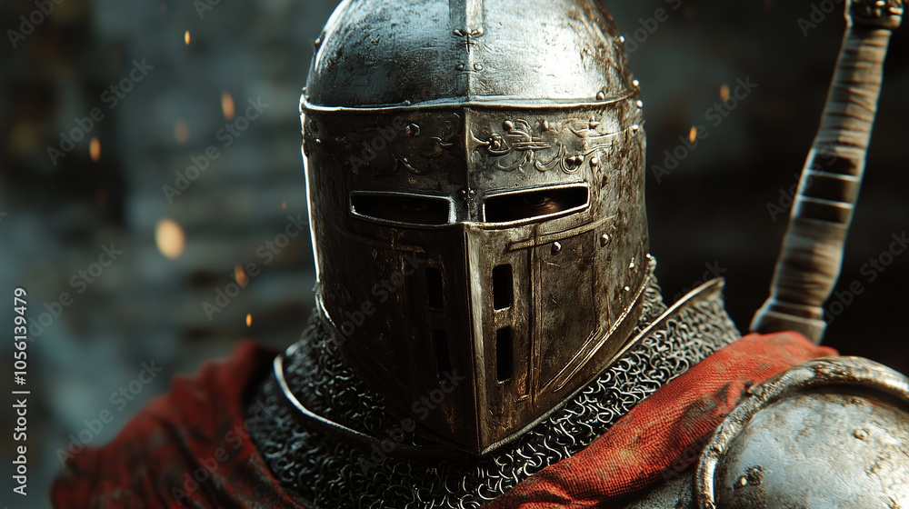 Obraz premium Ubrany w masywną zbroję, mężczyzna wygląda jak prawdziwy rycerz gotowy do walki.