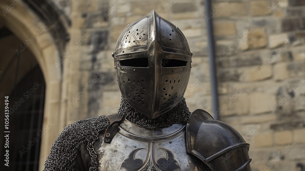 Obraz premium Ubrany w masywną zbroję, mężczyzna wygląda jak prawdziwy rycerz gotowy do walki.