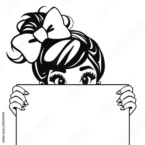 a black and white illustration of a woman's face peeking over a blank sign.