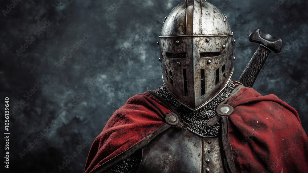 Fototapeta premium Ubrany w masywną zbroję, mężczyzna wygląda jak prawdziwy rycerz gotowy do walki.
