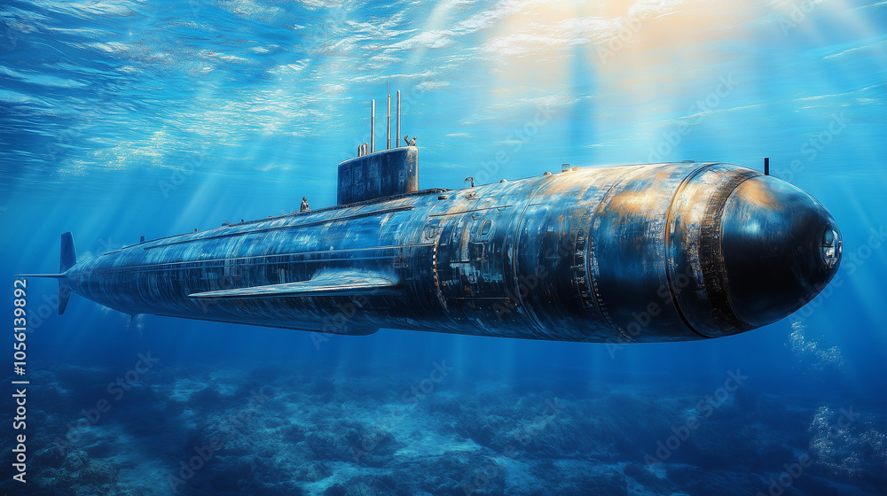 Obraz premium Wojskowa łódź podwodna z charakterystycznym kadłubem zanurza się w mrocznych wodach.