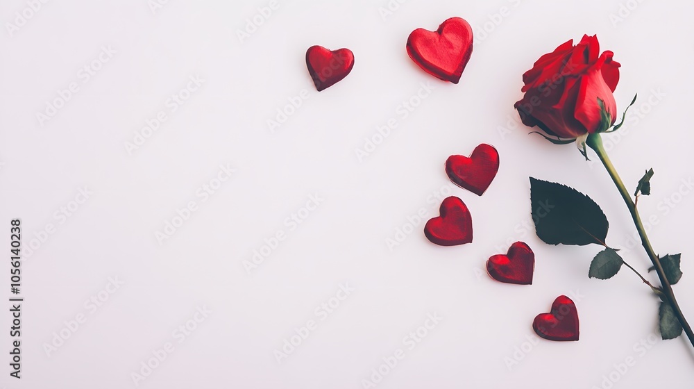 Red rose and hearts on a white background. Red rose and hearts on a white background.