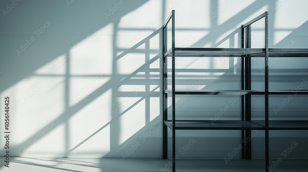 Empty Shelf in Sunlit Room: A minimalist metal shelf standing in an empty room with sunlight casting geometric shadows on the wall, highlighting simplicity and design. Empty Shelf in Sunlit Room: A minimalist metal shelf standing in an empty room with sunlight casting geometric shadows on the wall, highlighting simplicity and design.