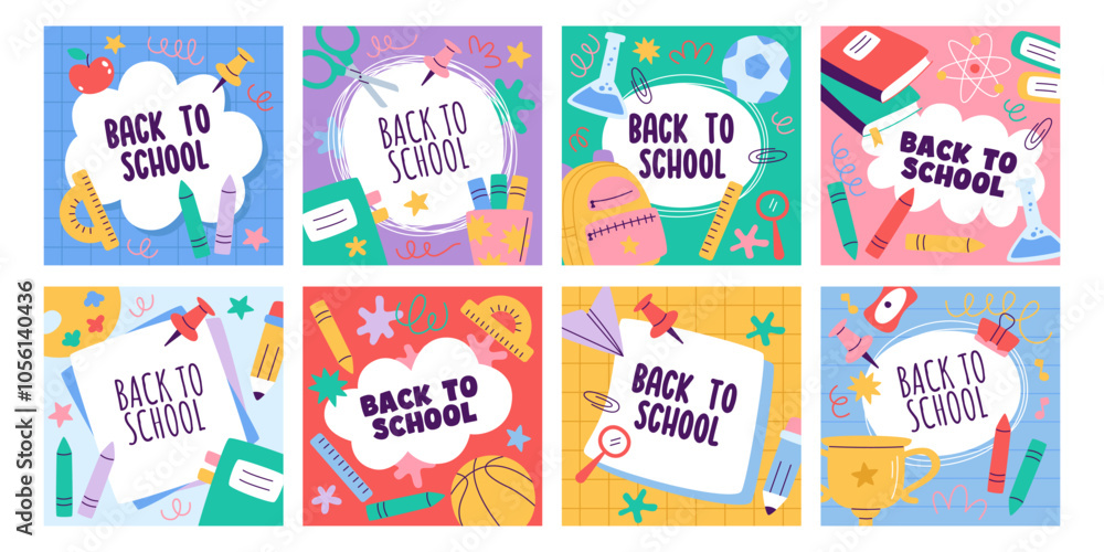Back to school background cover, card and banner templates set with education stationery design