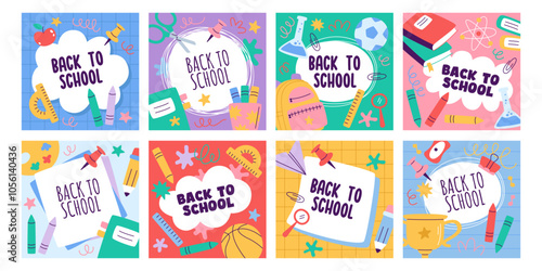 Back to school background cover, card and banner templates set with education stationery design